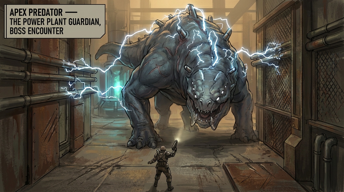 A massive territorial predator drawn to energy output inside a power generation facility