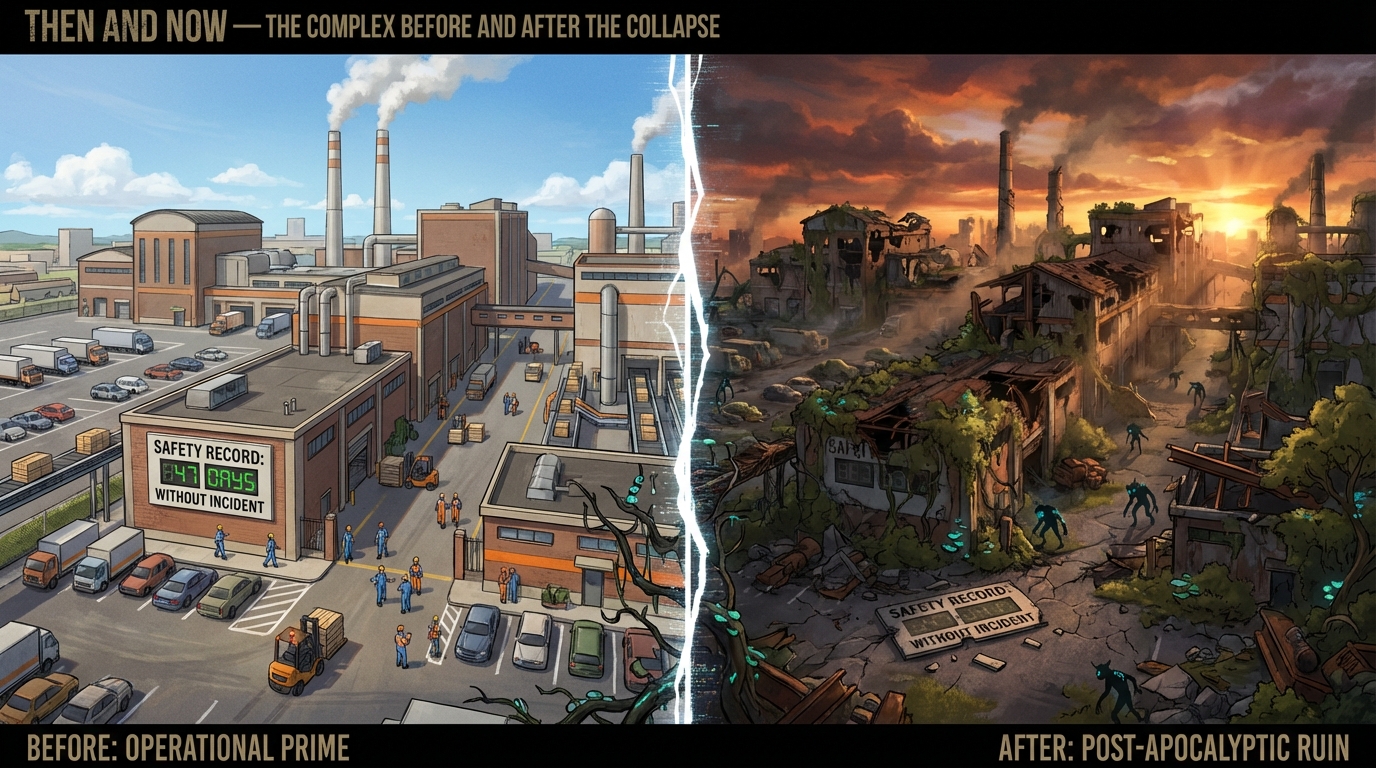 Split image: the Slopworks factory in its operational prime on the left, post-apocalyptic ruin on the right