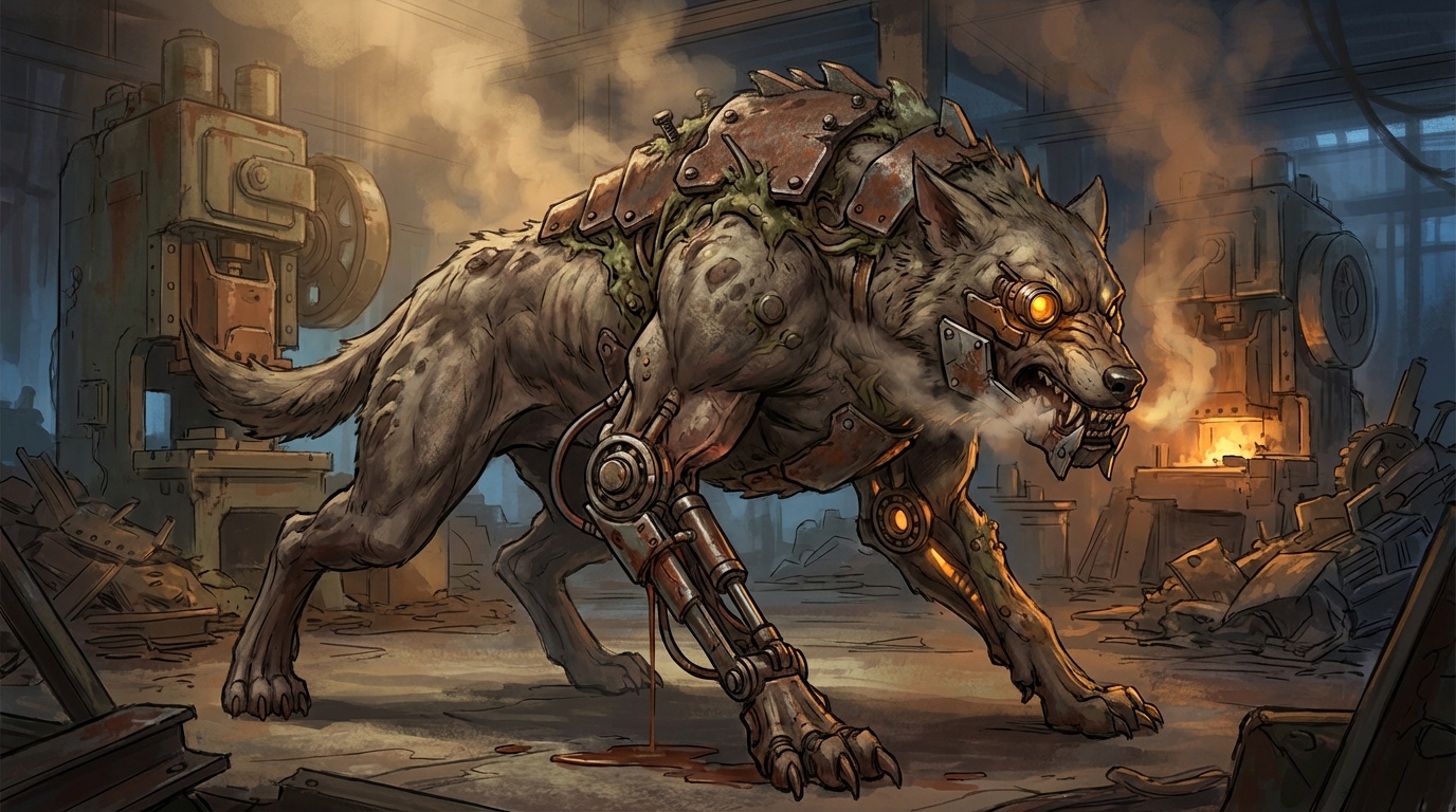 A fast, armored creature with machine parts fused into its biology charging through a heavy manufacturing plant