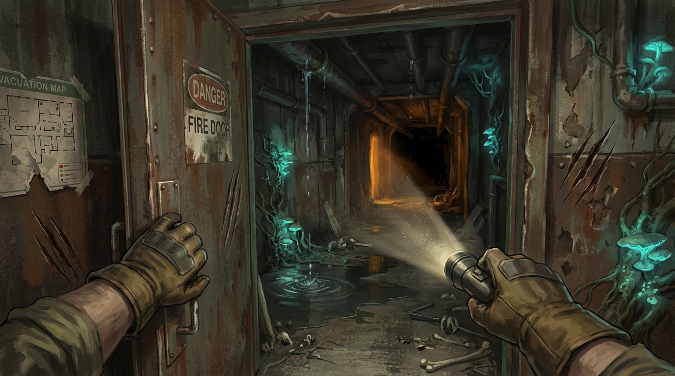 Entering a dark overgrown industrial corridor