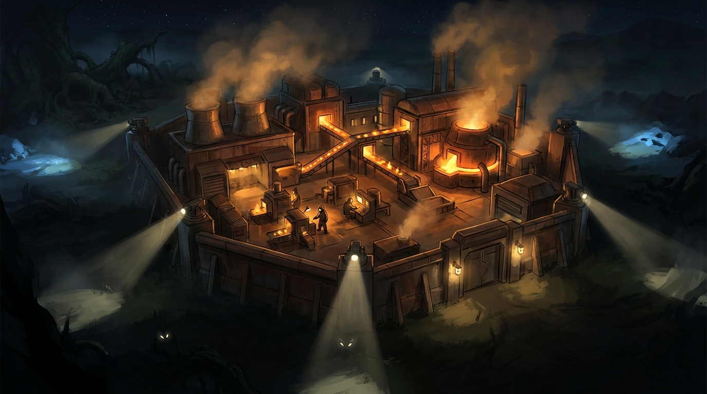 Wide shot of the factory complex at night, amber lights glowing from restored buildings against a dark sky, supply line pylons stretching into the distance