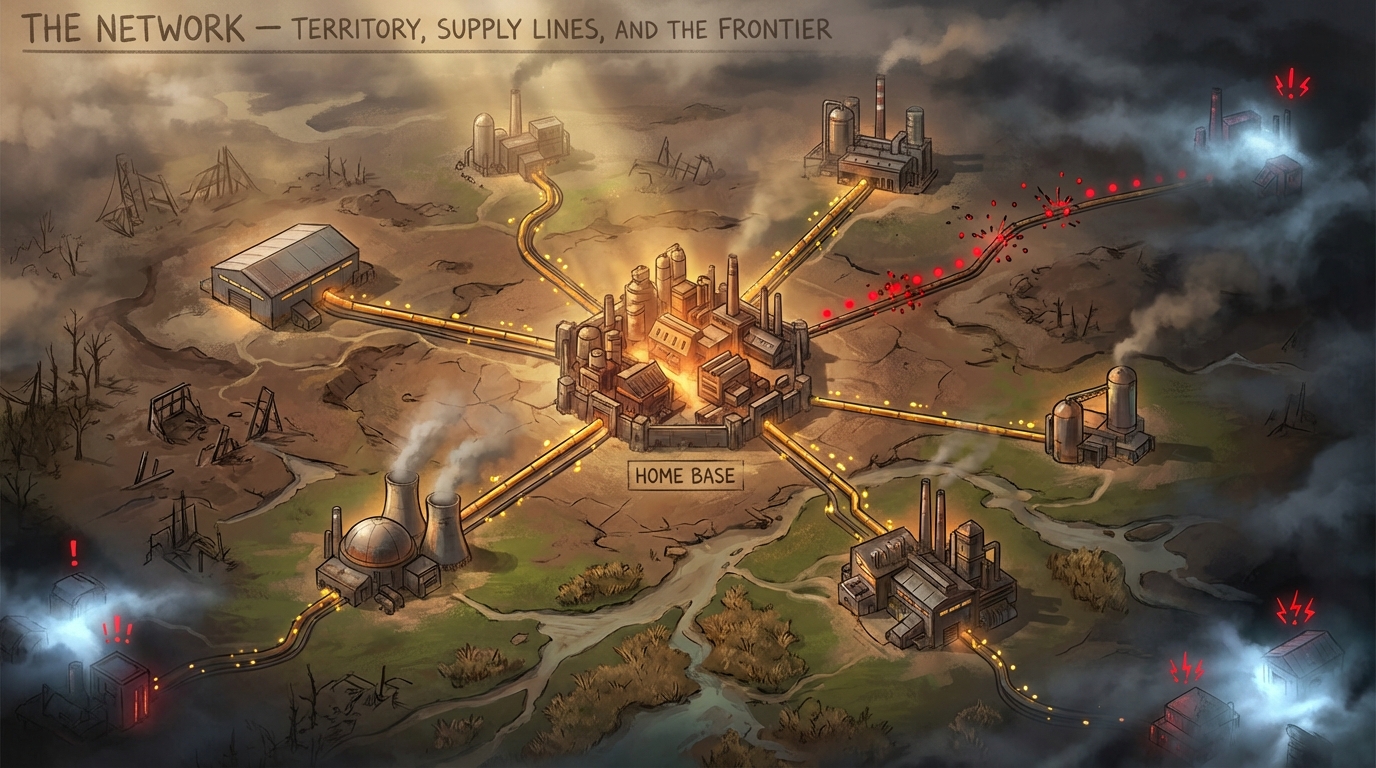 Top-down overworld map showing connected buildings with supply lines running between them, some lines under attack by fauna