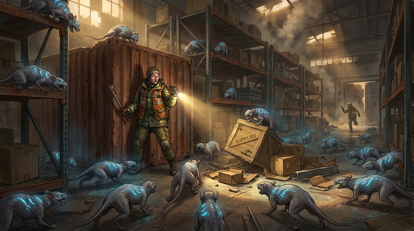 Small coordinated creatures swarming through warehouse shelving and shipping containers