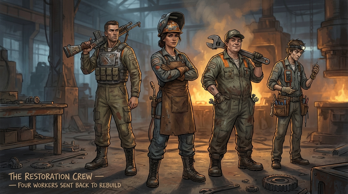 Four restoration crew members — a soldier, a welder, a mechanic, and an electrician