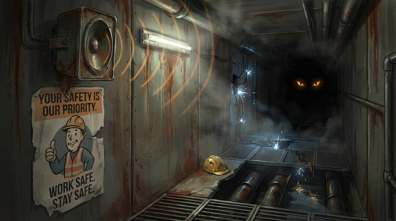 S.L.O.P.'s speaker mounted in a ruined corridor, safety posters peeling off the walls, glowing eyes visible in the darkness beyond