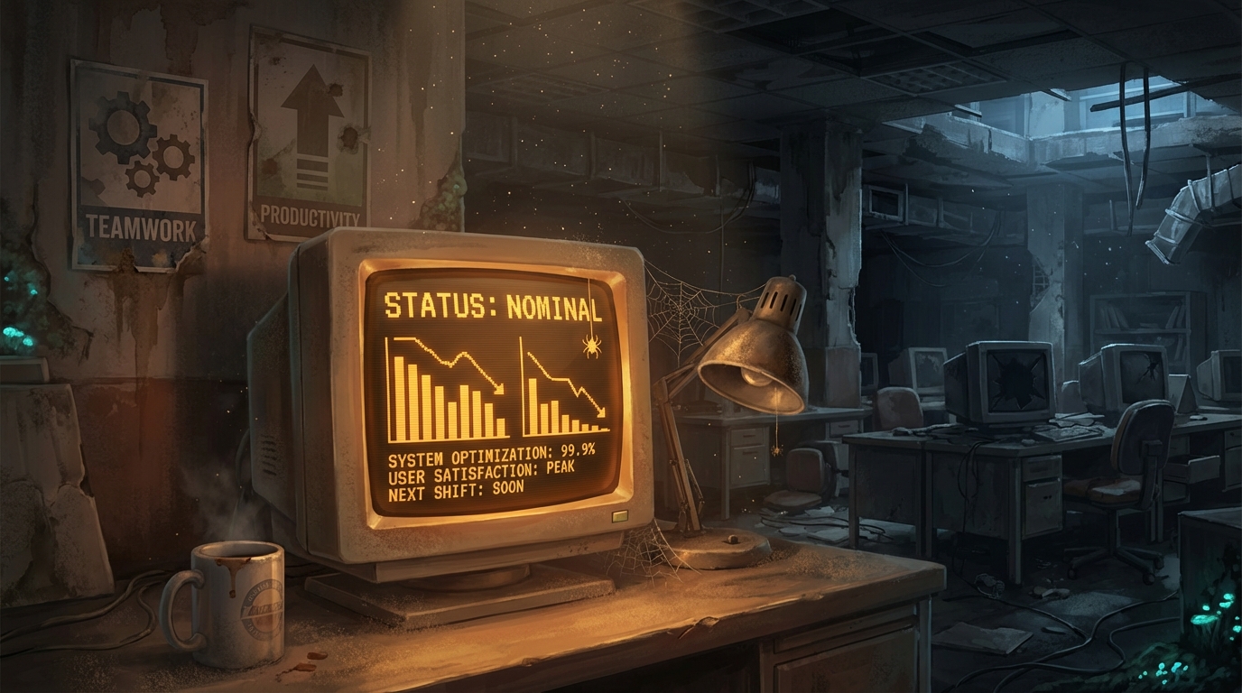 Glowing CRT terminal in a destroyed office