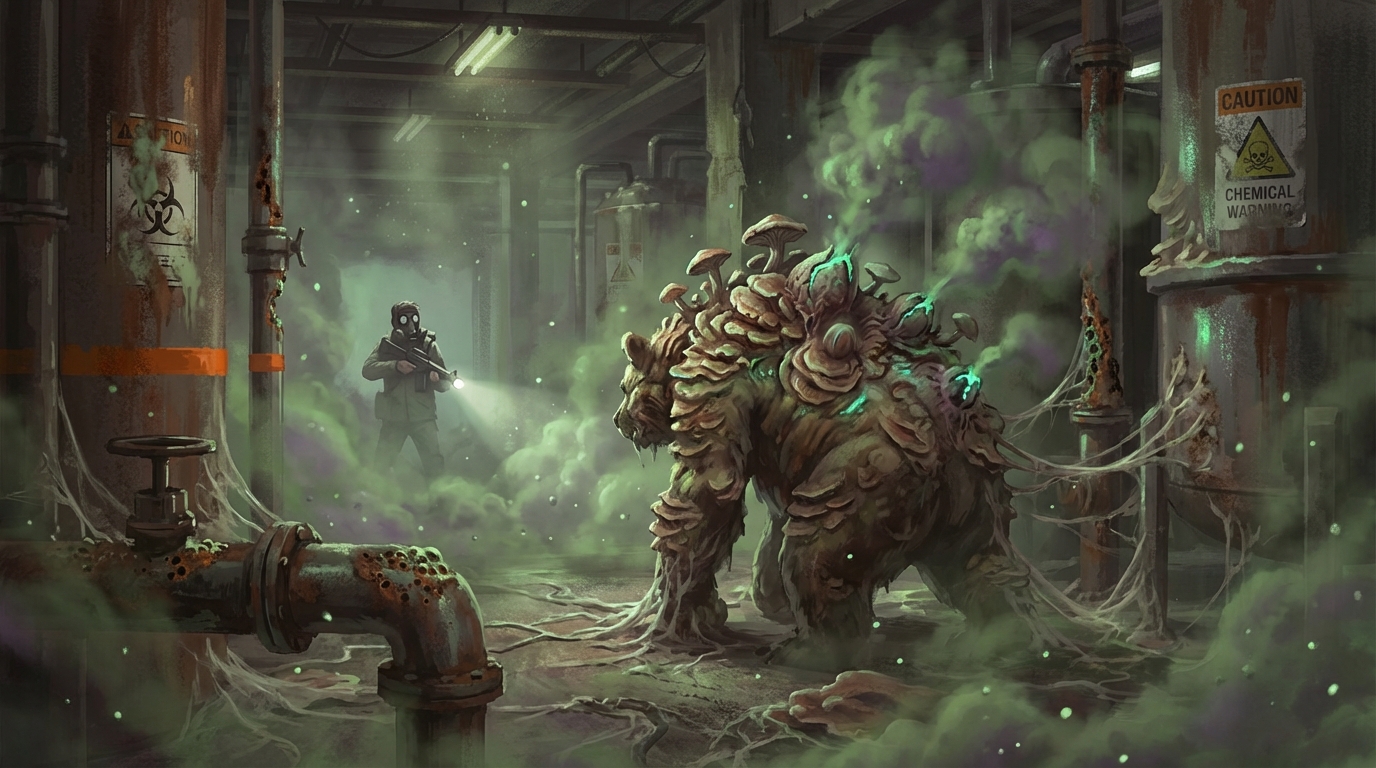 A slow-moving fungal creature releasing toxic spore clouds in a corroded chemical processing plant