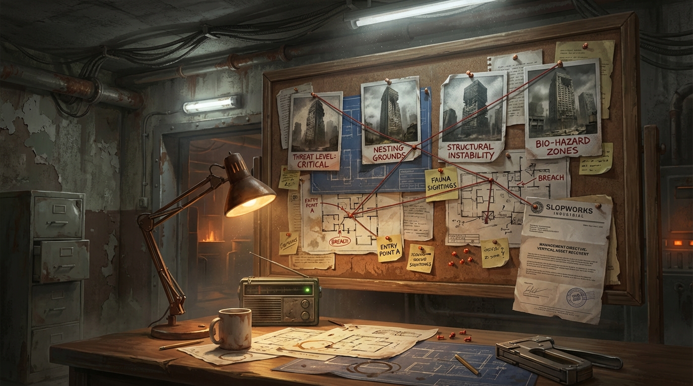 A physical bulletin board in a dimly lit bunker with pinned building contracts, photographs, and red string connecting intel