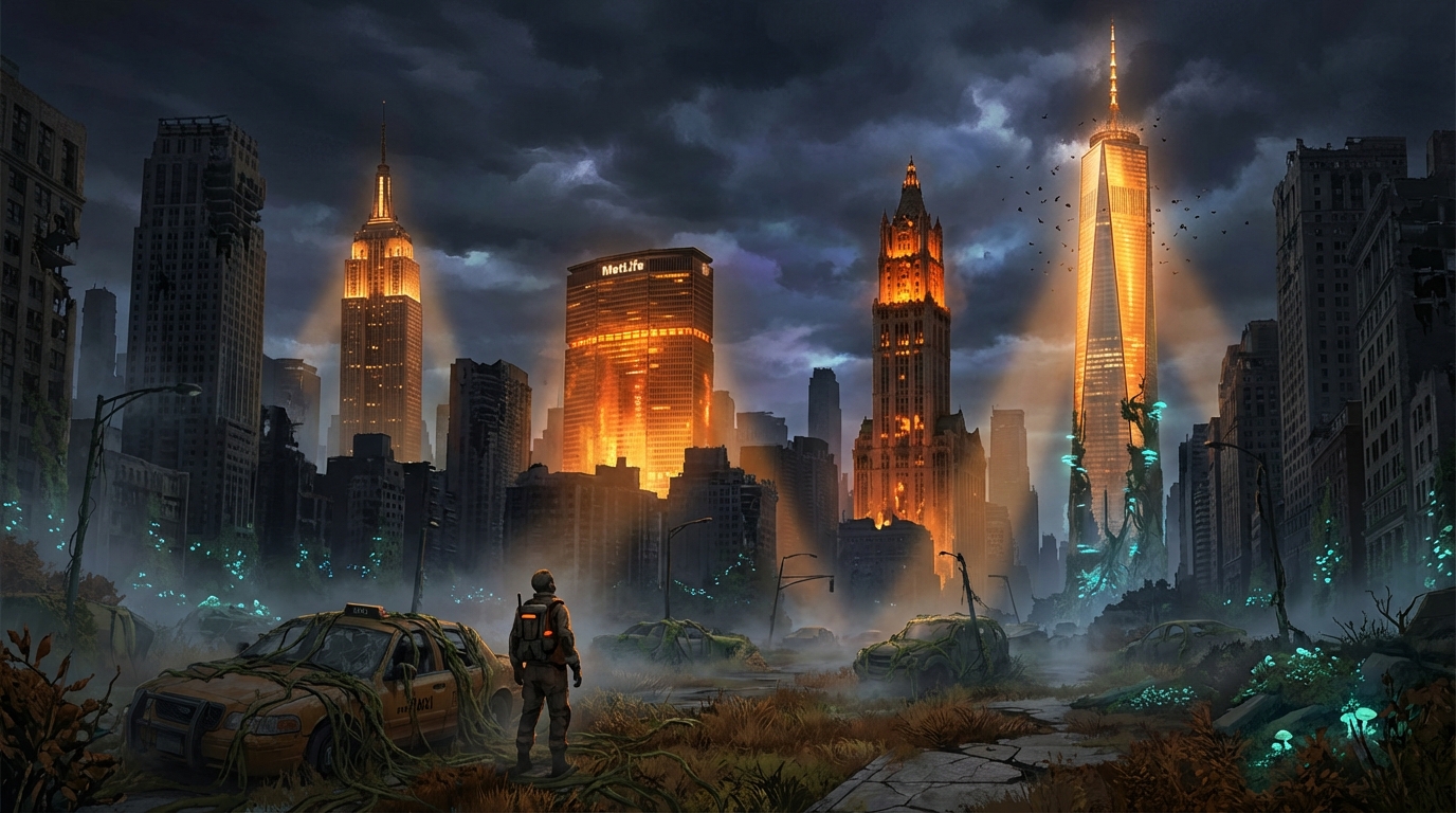 Night NYC skyline with four skyscrapers glowing amber against a dark post-apocalyptic sky