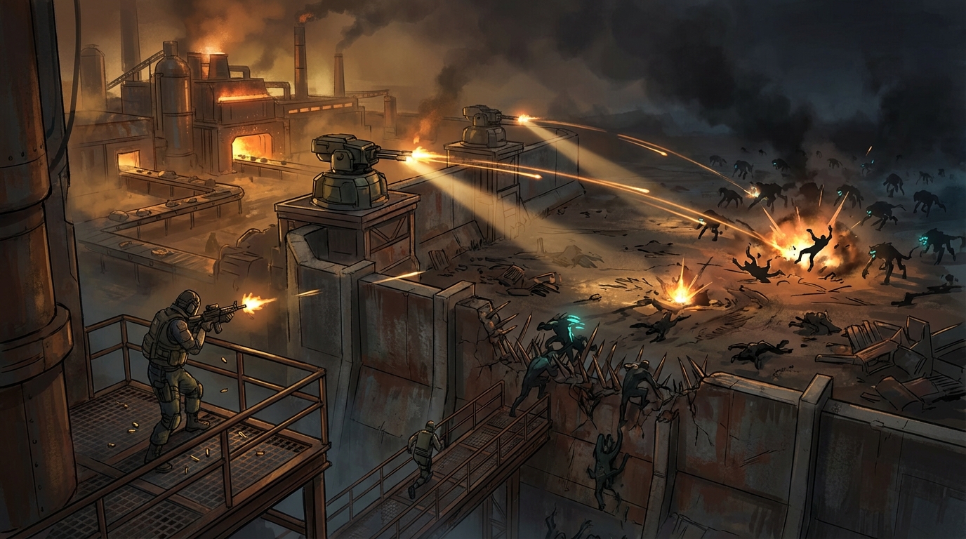 Night battle with turrets defending against creatures